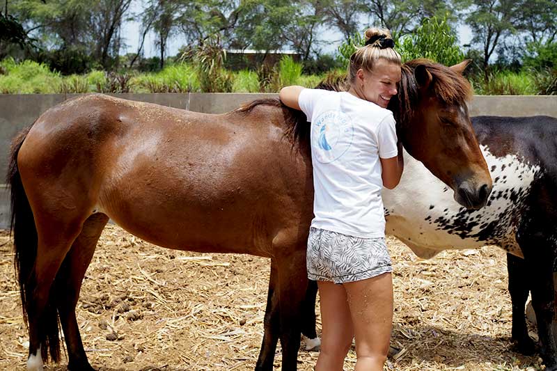WanderWorld kuschelt mit Pferd auf der Horse Ranch in Peru