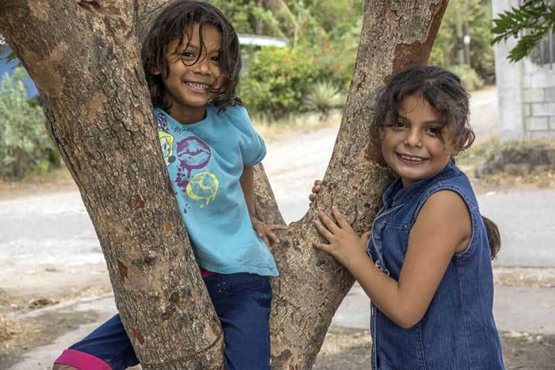 Kinder klettern auf Baum und lächeln in die Kamera in Costa Rica