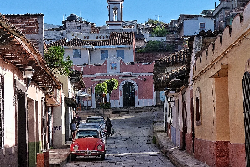 Street with VW Beetle in San Cristobal, Mexico