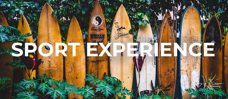 Schriftzug: Sport Experience Surfbretter im Grünen