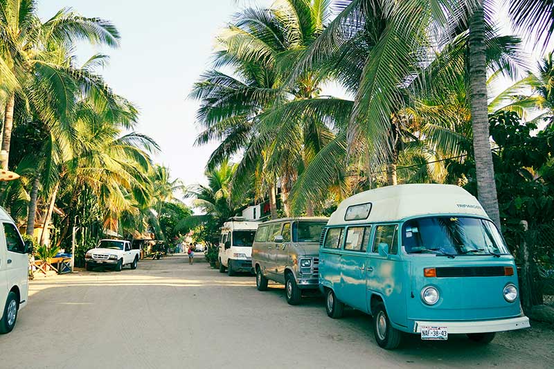Straße mit Palmen und alten Vans