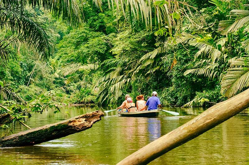 Volunteers fahren Kanu auf dem Fluss